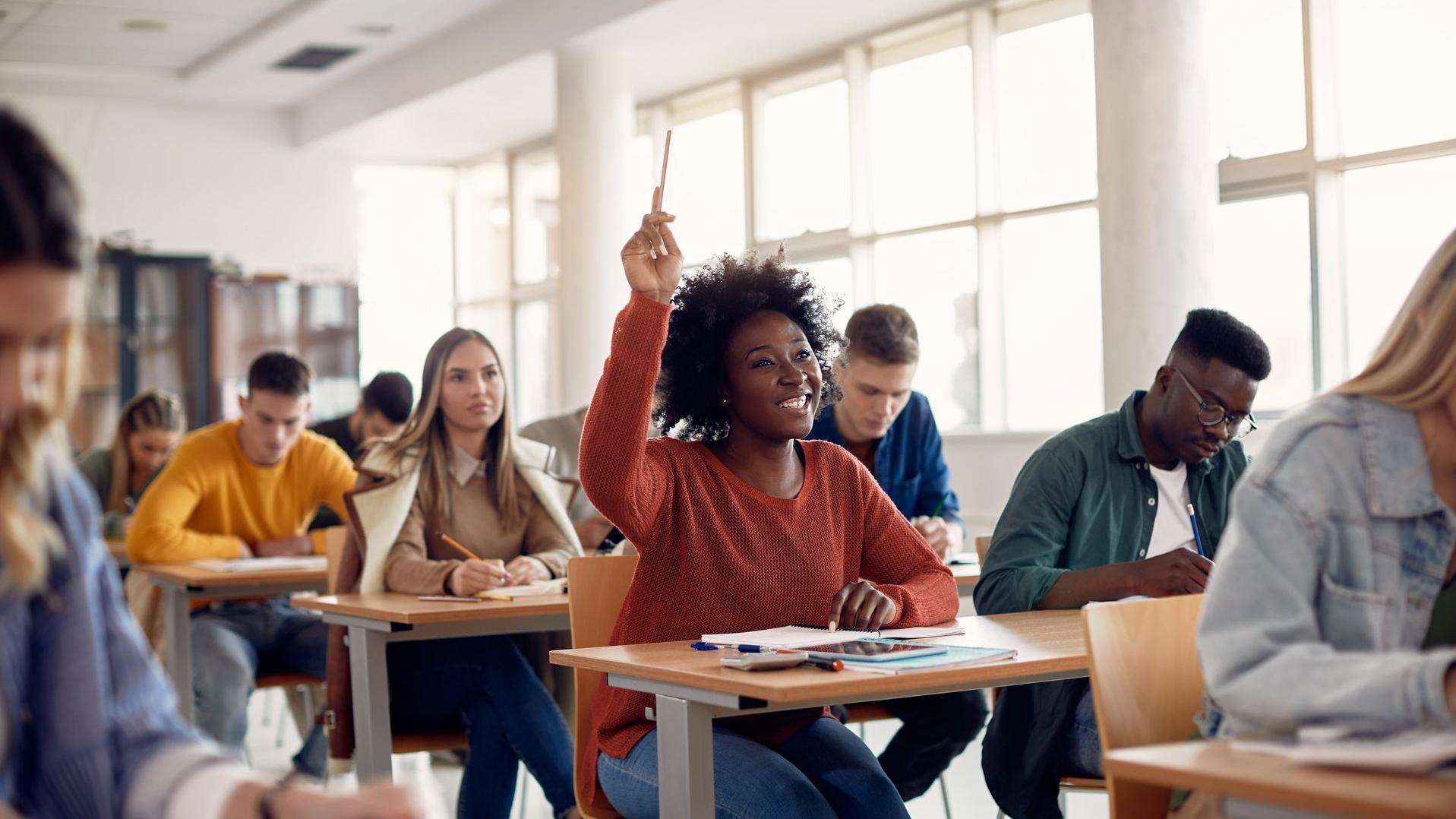 DAA Baden-Württemberg | Stellenangebot Lehrkraft (m/w/d) für Mathematik in Ludwigsburg eine Schulklasse, in der sich eine Schülerin zu Wort meldet